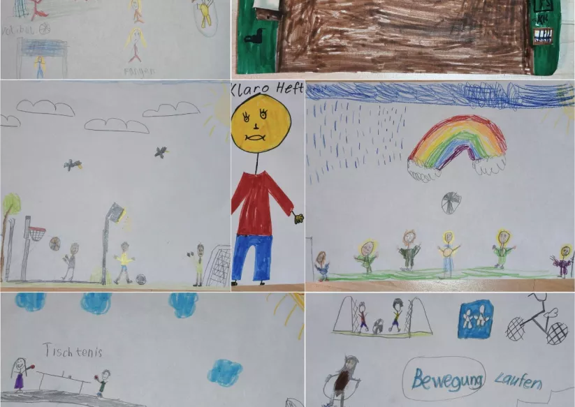 Die Grundschüler der Grundschule Kaltenwestheim bewegen sich gerne und malen ihre Bewegung, wie Fußball, Federball oder Fahrrad fahren.